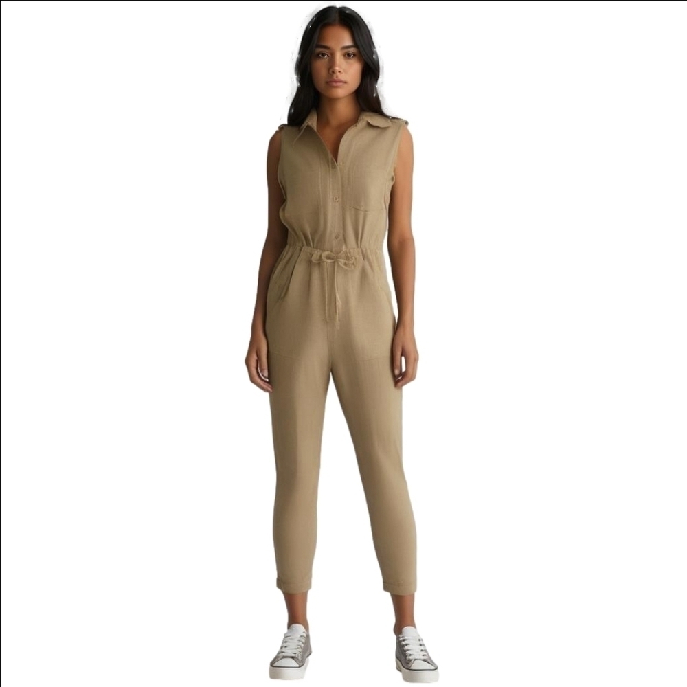Linen Beige Button Down Sleeveless Jumpsuit